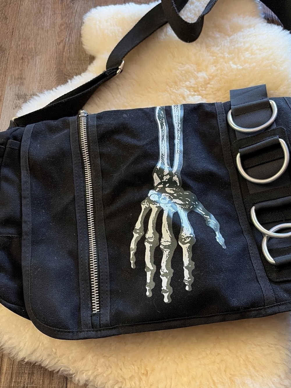 Black Skeleton-Print Canvas Messenger Bag